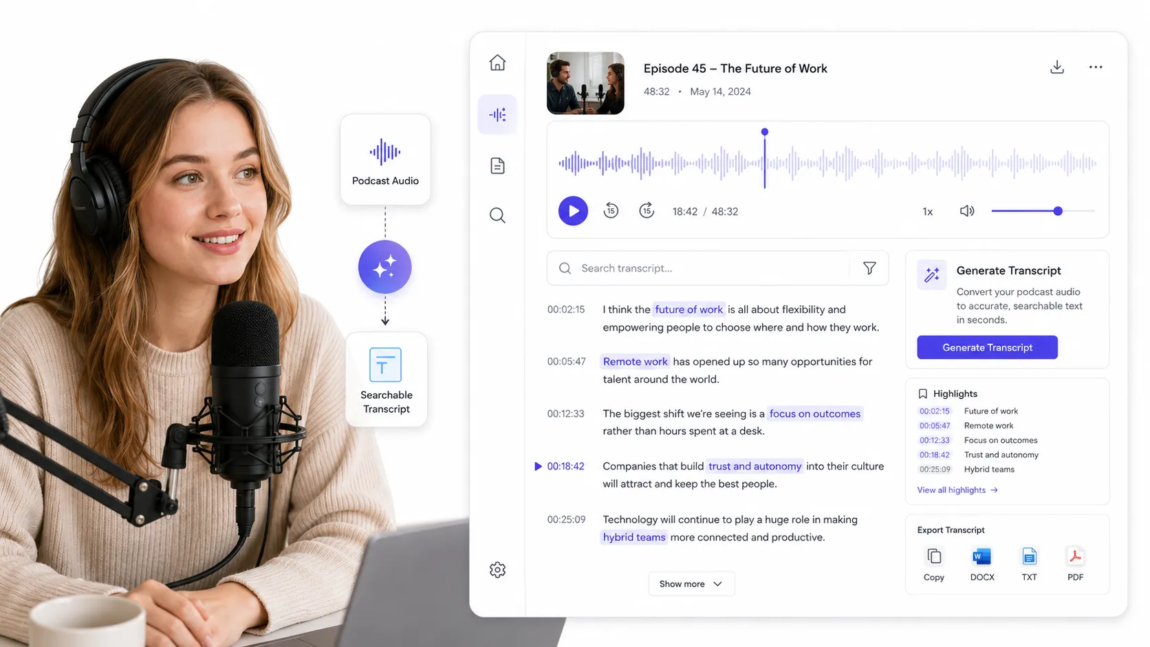 Podcast transcript generator for searchable audio content