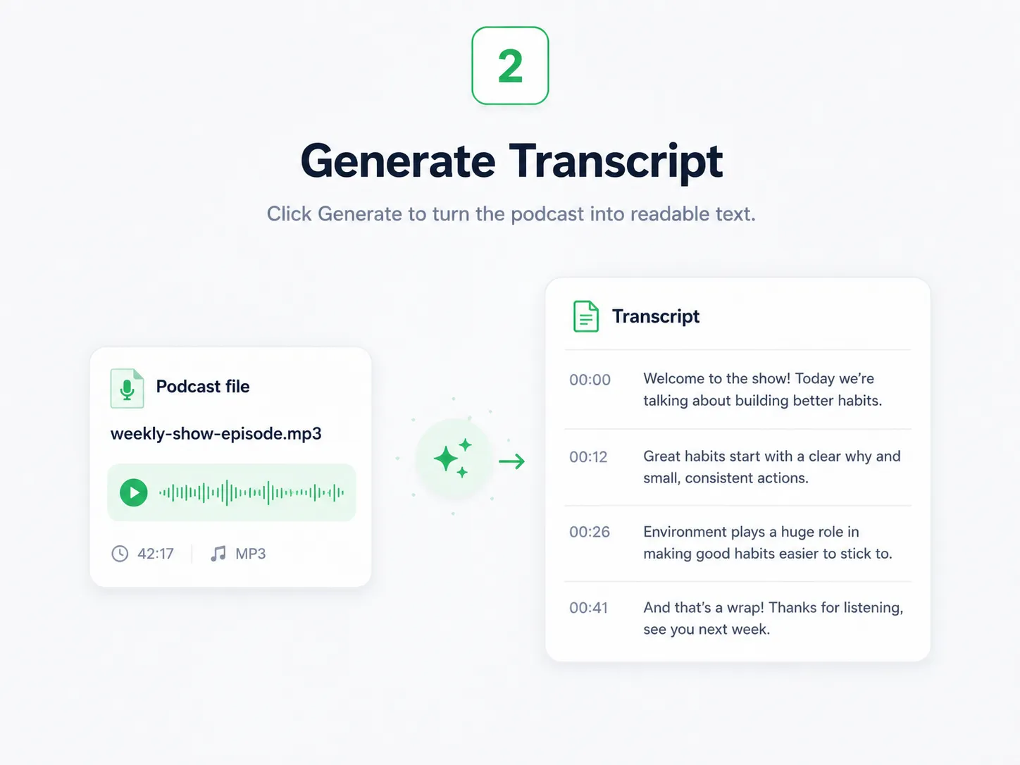 Click generate to transcribe the podcast into text