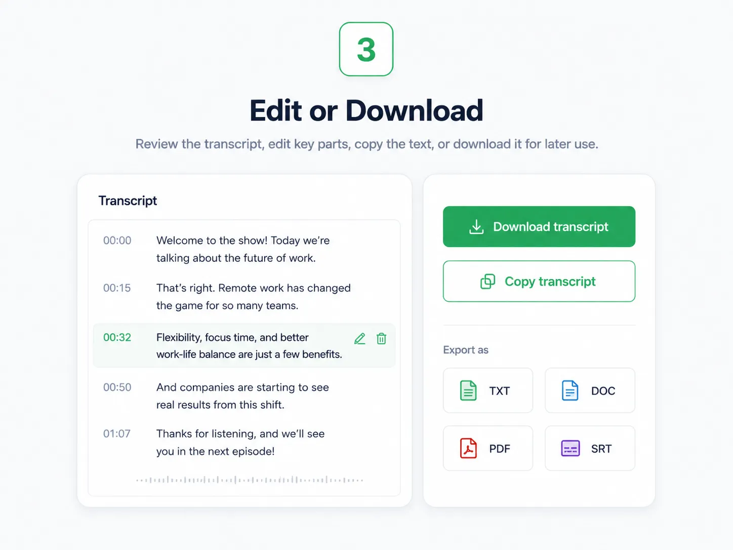 Edit, copy, or download the generated podcast transcript