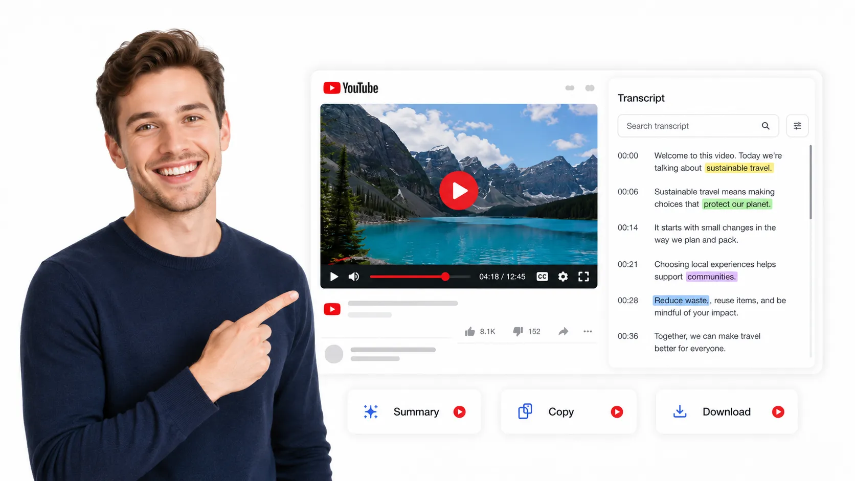 YouTube transcript generator for searchable video content