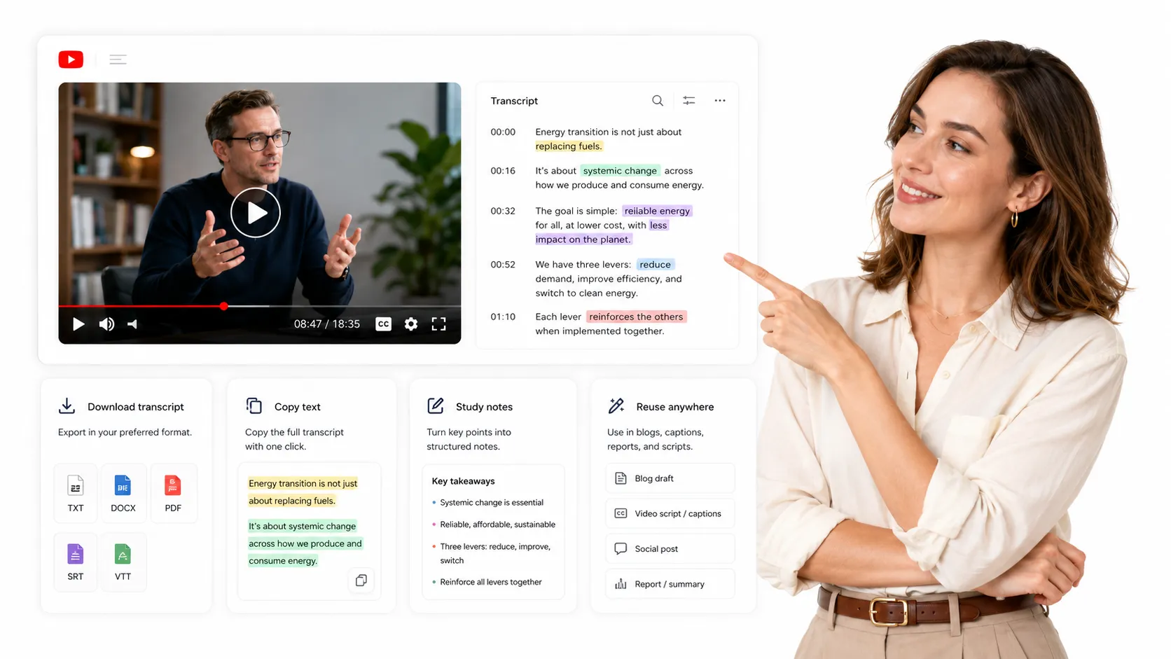 YouTube transcript download for notes and content reuse
