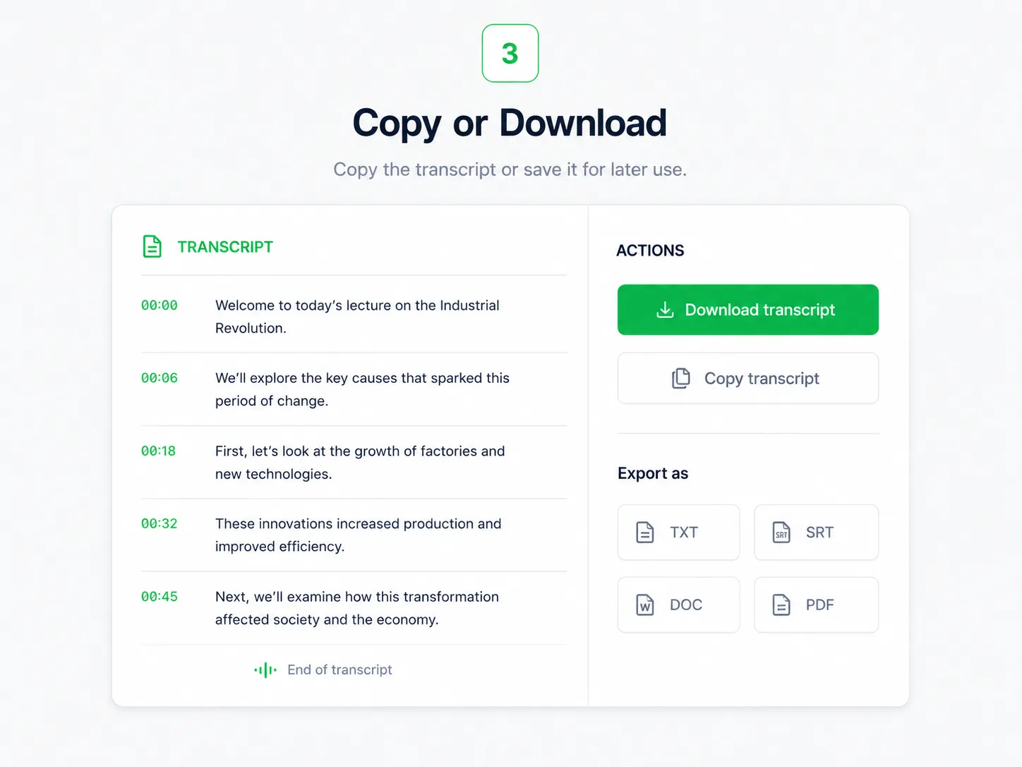Copy or download the generated YouTube transcript for later use